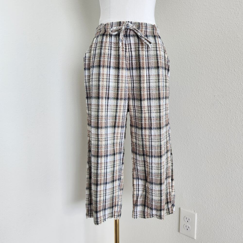 Vintage Y2K Tan Plaid Crinkle Capri Pants High Rise Drawstring Basic Editions M